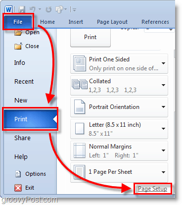 Micosoft Word 2010 Screenshot select the file > print menu from the backdrop and then click page setup in word 2010