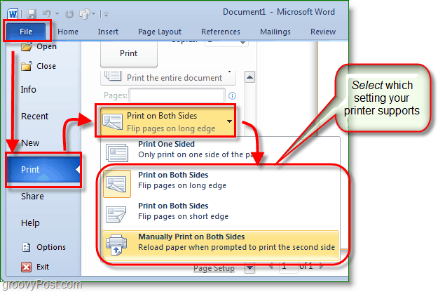 Micosoft Word 2010 Screenshot adjust your print settings to print on both sides