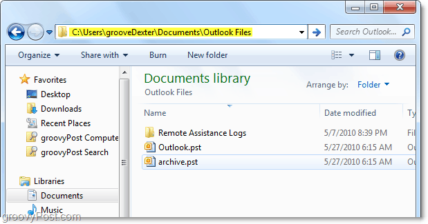 default Outlook 2010 pst file folder 