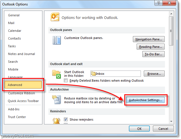 Advanced > Autoarchive settings in Outlook 2010
