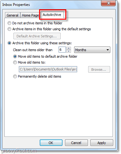 Outlook 2010 autoarchive folder tab