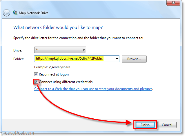 paste in your windows live skydrive url to the mapped network drive opion and check conect usin different credentials then click finish.