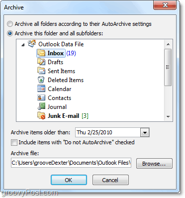 manual archive settings in Outlook 2010