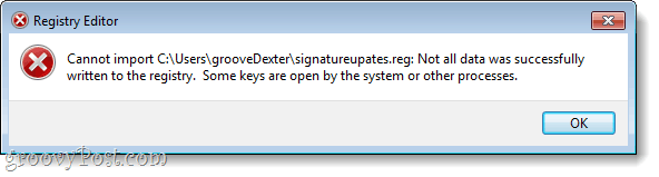 registry editor error, cannot import registry key because of permissions or the keys are open by the system