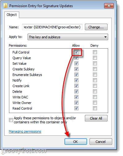 set your username to full control in registry editor for windows 7 or vista