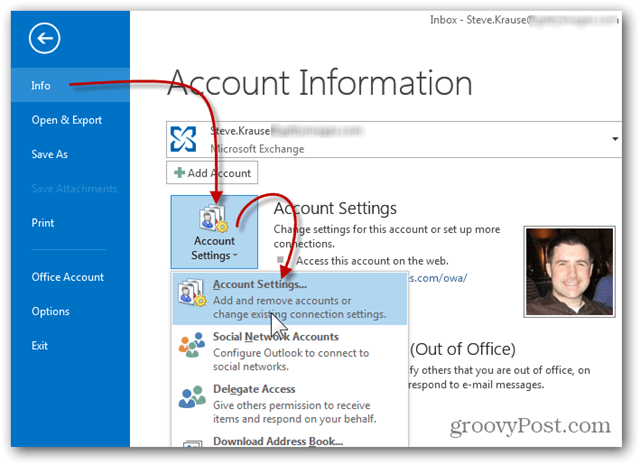 Add Mailbox Outlook 2013 - Click Info Account Settings